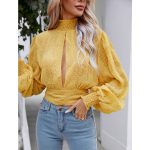 Women Spring Summer Vacation Chiffon Shirt Lantern Long Sleeve Pleated Lace up Casual Top