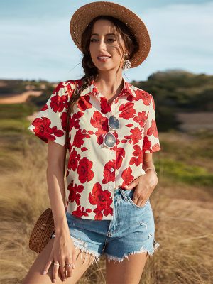 Popular Summer Retro Red Printed Short Sleeved Blouse