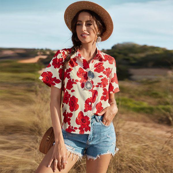 Popular Summer Retro Red Printed Short Sleeved Blouse