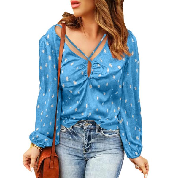 Printed Polka Dot Shirt Women Summer V-neck Criss Cross Drawstring Printed Puff Sleeve Top