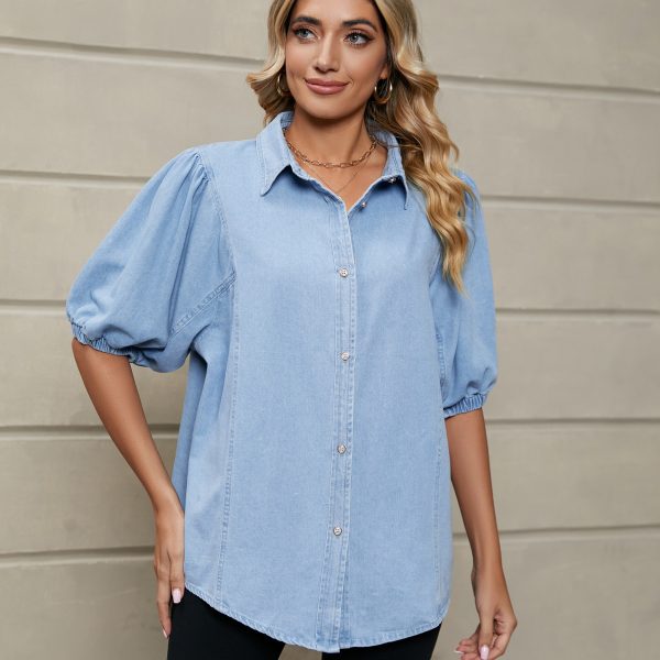 Women Clothing Trade Elastic Princess Sleeves Denim Shirt Casual Top