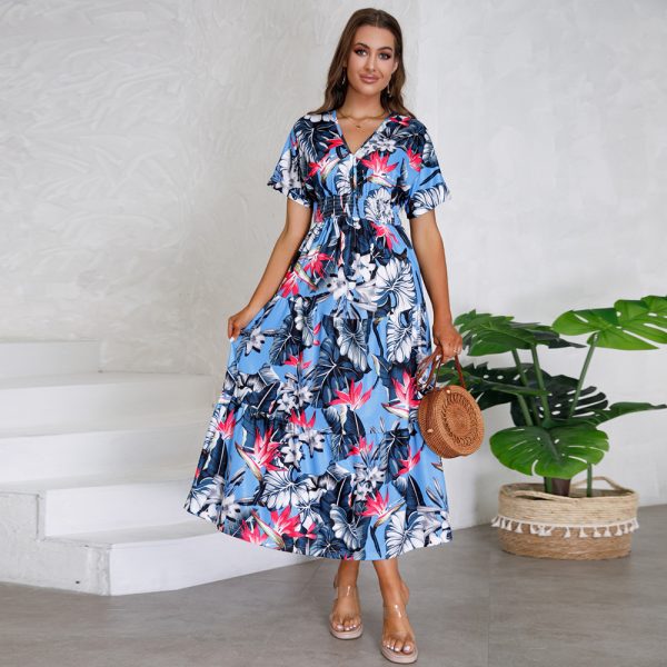 Summer Slim Fit Elegant Dress Cotton V neck Long Floral