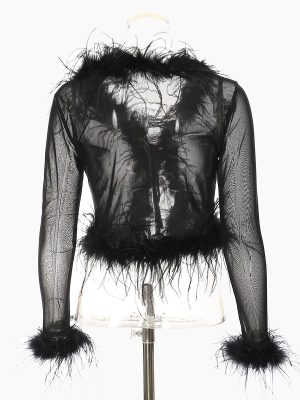 Autumn Ostrich Feather Stitching Hand Sewing Sheer Mesh Slim Fit Sexy Top