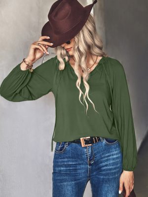 Autumn Winter Solid Color V neck Long Sleeve Top