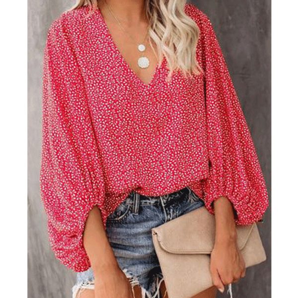 Summer V-neck Color Loose plus Size Women Clothing Lantern Sleeve Shirt