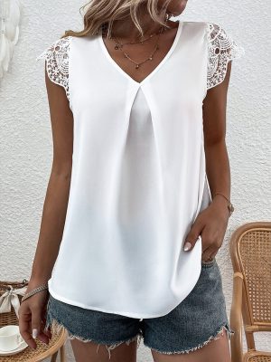 Summer Women Clothing Cutout Lace V neck Patchwork Short Sleeved Top Women