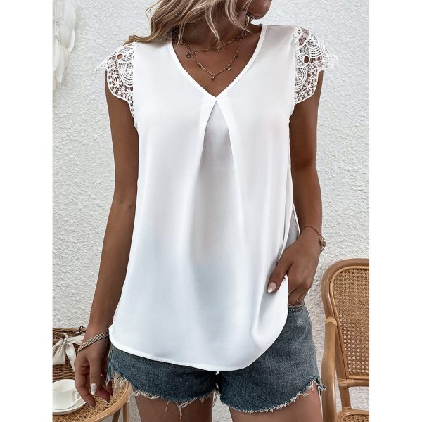 Summer Women Clothing Cutout Lace V neck Patchwork Short Sleeved Top Women