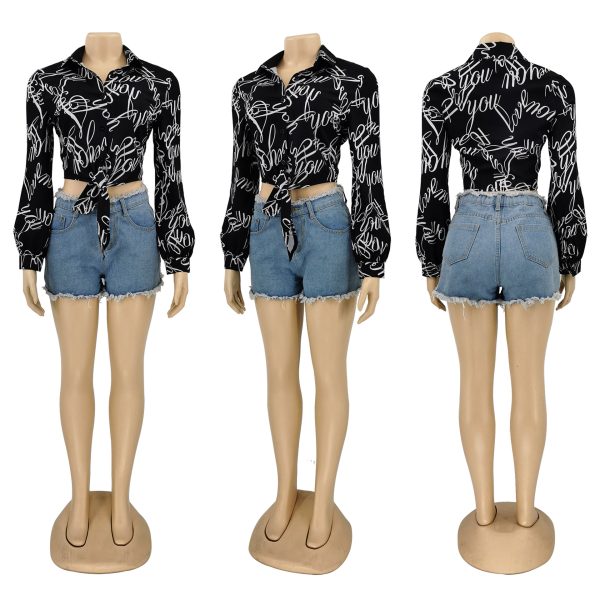 Early Autumn New Fashion Casual Letter Graphic Printing Bow Bandage Short Long Sleeve Shirt Top Women