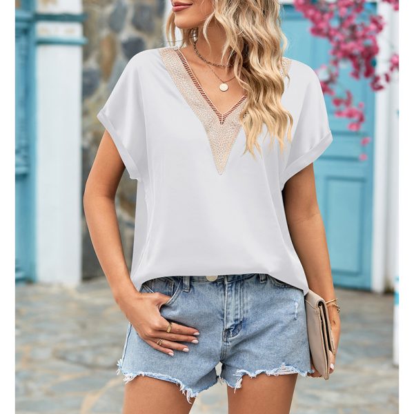 Summer Women Clothing V Neck Lace Satin Short Sleeve Shirt Batwing Sleeve Top