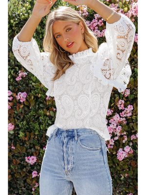 Autumn White Long-Sleeved Lace Shirt Wome Slim Fit Design Blouse