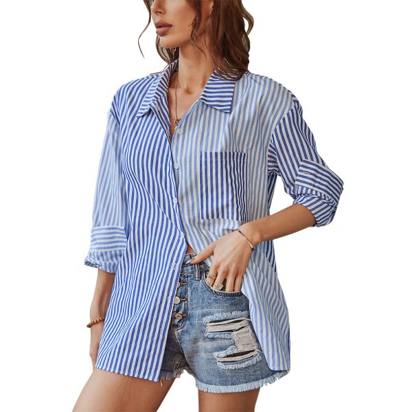 Long Shirt Spring Summer Long Sleeves Striped Top Office