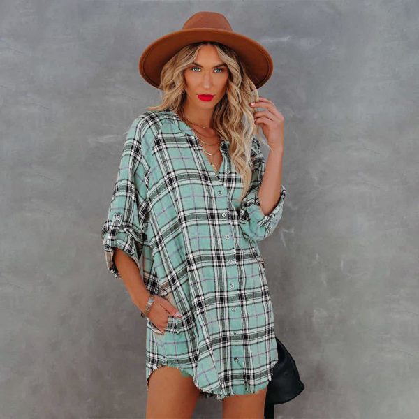 Autumn Plaid Printed V neck Long Sleeve Shirt  Women