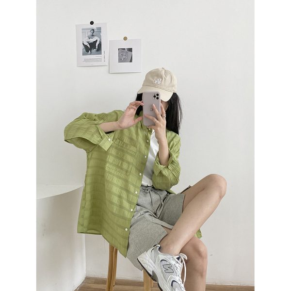 Horizontal Texture Profile Sun Protection Shirt for Women Summer Loose Japanese Retro Shirt