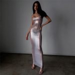 Women Clothing Spring Summer Nightclub Sexy See through Net Silver Slim Strap Dress