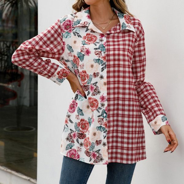 Printed Plaid Stitching Shirt Casual Loose Single Breasted Estampado Floral Shirt Top  Women