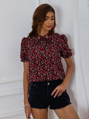 Summer Wooden Ear Lantern Sleeve Floral Women Shirt