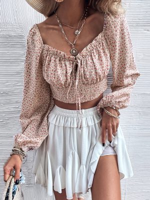 Floral Long Sleeve Square-Neck Bow cropped Chiffon Pink Cropped T-shirt