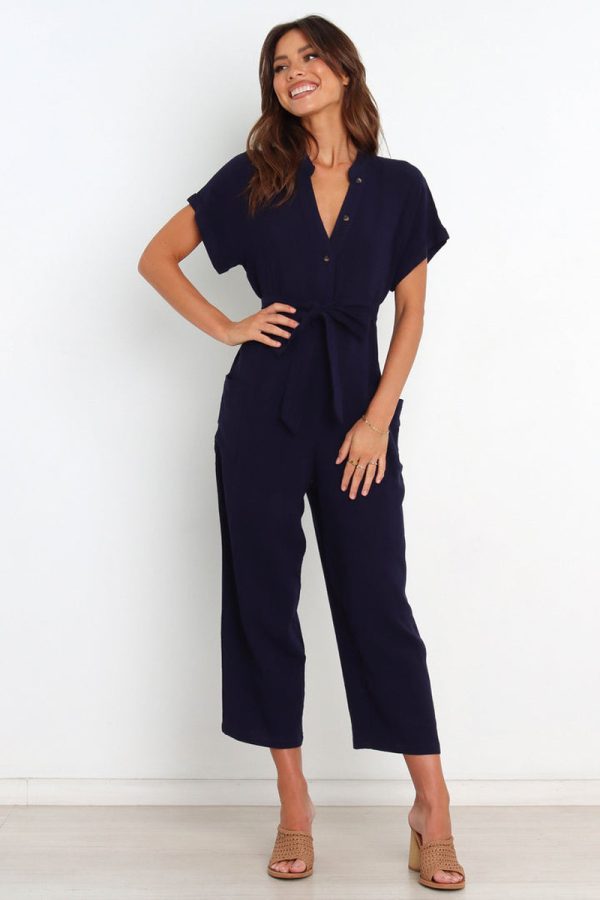 Summer Solid Color Pocket Sexy V Neck Cropped Wide Legged Jumpsuit Women