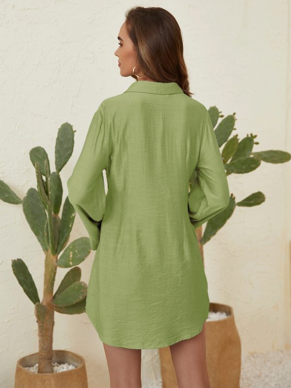 Women Clothing  Green Stand Collar Shirt  Top