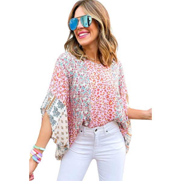 Summer Floral Contrast Color Pullover Top Women Three-Quarter Sleeve T-shirt