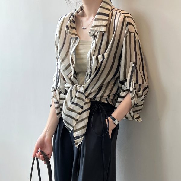 Breathable Stripes Shirt for Women Summer Loose Stylish Long Sleeves Cardigan Shirt