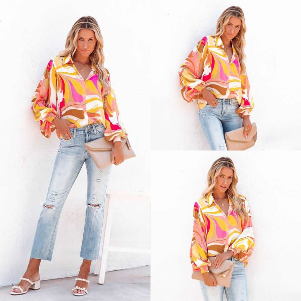 Autumn Print Lantern Sleeve Collared Cardigan Single-Breasted Casual Shirt Women