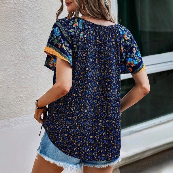 Summer Women Clothing Casual Loose V neck Ethnic Print Short Sleeve Shirt