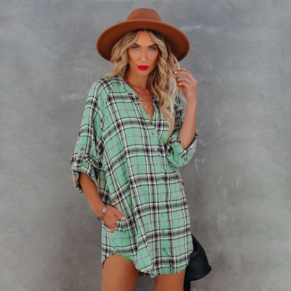 Autumn Plaid Printed V neck Long Sleeve Shirt  Women