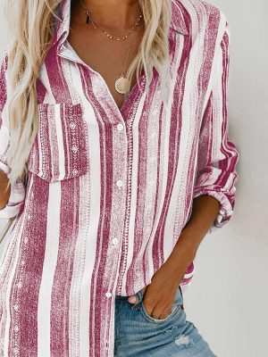 Autumn Striped Collared Long Sleeve Cardigan Single-Breasted Shirt Women