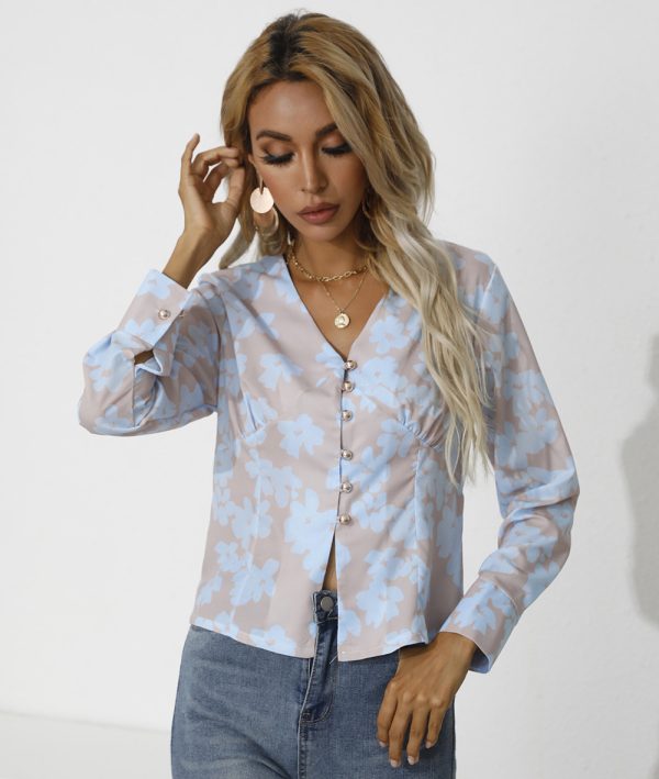 Fall Women Clothing Printing Single-Breasted V-neck Long Sleeve Shirt