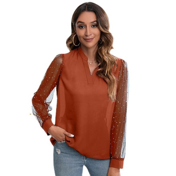 Women Clothing Long Sleeve Mesh Patchwork Top Spring Summer V-neck Chiffon Shirt