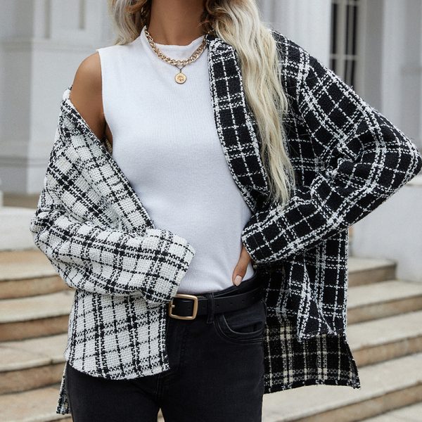 Autumn color block Long Sleeve Shirt Black White Stitching Plaid Single-Breasted Cardigan Women