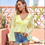 V-Collar Polka Dot Short Bell Sleeve Top Sexy Shirt Women Bandage Women Blouse Solid Color