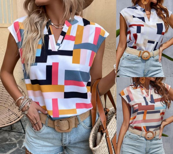 Summer Geographical Printing Cropped V neck Shirt