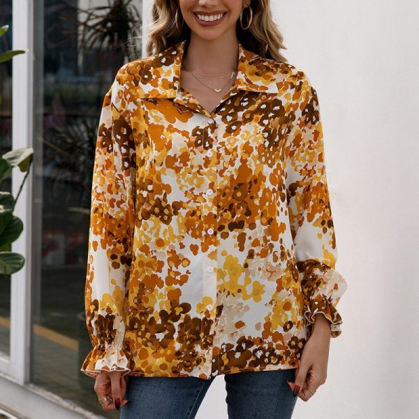 Loose Casual Print Collared Single Breasted Shirt Floral Long Sleeve Shirt Top Women