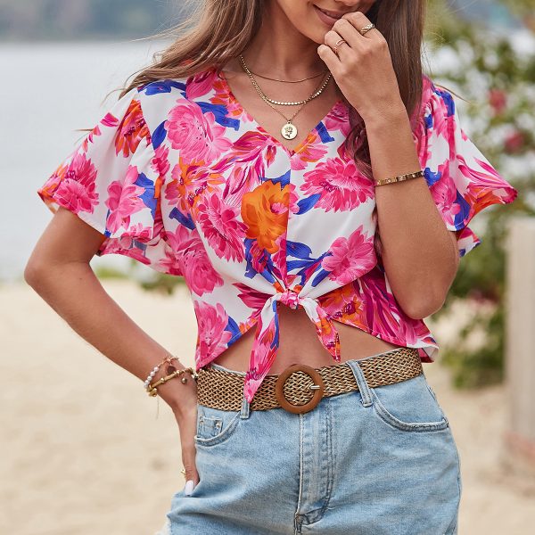 Women Summer Floral Flounce Cinched Slimming Pullover