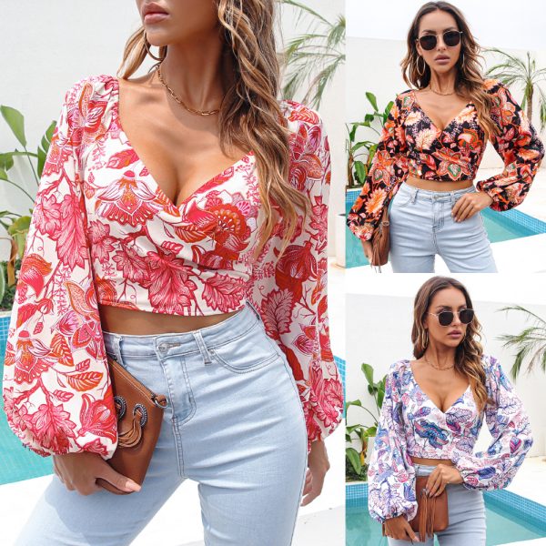 Women Clothing Spring Summer Criss Cross V-neck Printed Cropped Top Chiffon Shirt