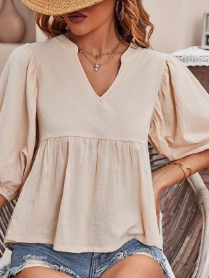 Best Women Clothing Loose Fitting Peasant Blouse Cotton Linen Babydoll Shirt