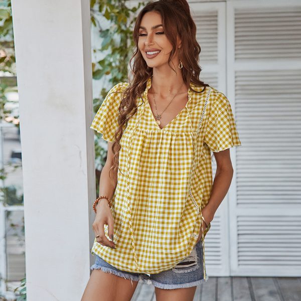 Plaid Top Spring Summer V-neck Girl Blouse Female