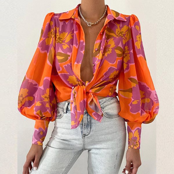 Summer Sexy Women Bubble Sleeve Collared Long Sleeve Top Printed Shirt