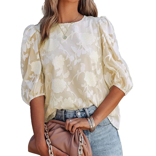 Women Clothing Summer Floral Texture Puff Sleeve Chiffon Loose Sweet Top