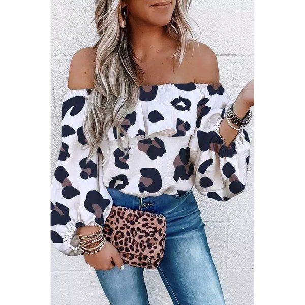 Leopard Print off Shoulder Collar Long Sleeve Shirt Sexy Ruffles Chiffon Shirt