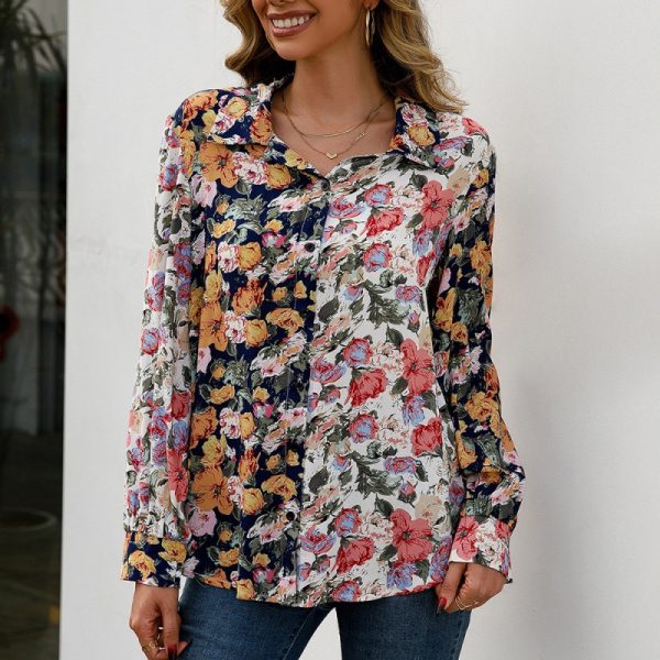 Loose Casual Floral Long Sleeved Shirt Single Breasted Multicolor Floral  Shirt Top Women