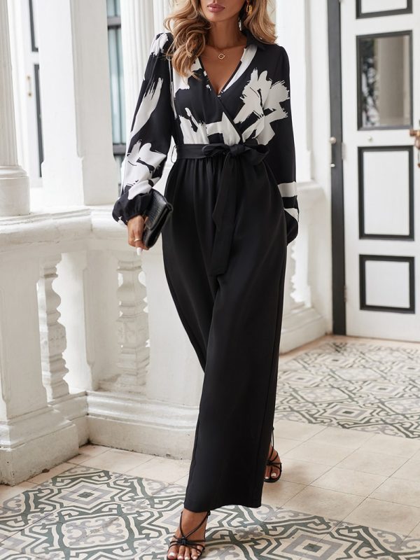 Popular Loose Chiffon Printed Casual Wide Leg Jumpsuit Women Clothing