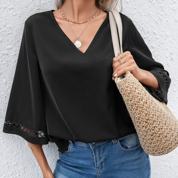 V Neck Pullover Lace Stitching Half Sleeve Shirt Office Hollow Out Cutout Shirt Top Women