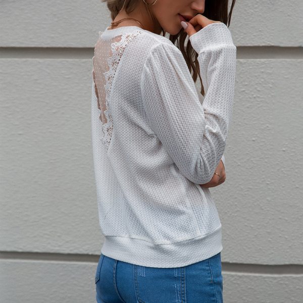 Autumn round Neck Long Sleeve Solid Color Lace Stitching Casual Backless Women T-shirt Tops