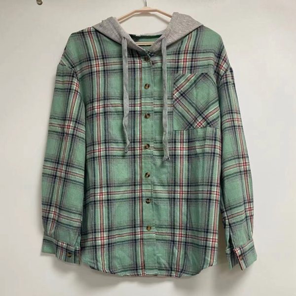 Women Clothing Autumn Winter New  Plaid Hoodie Single Row Button Casual Shirt