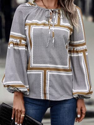 Autumn Winter Women Clothing Lantern Sleeve Printed Shirt