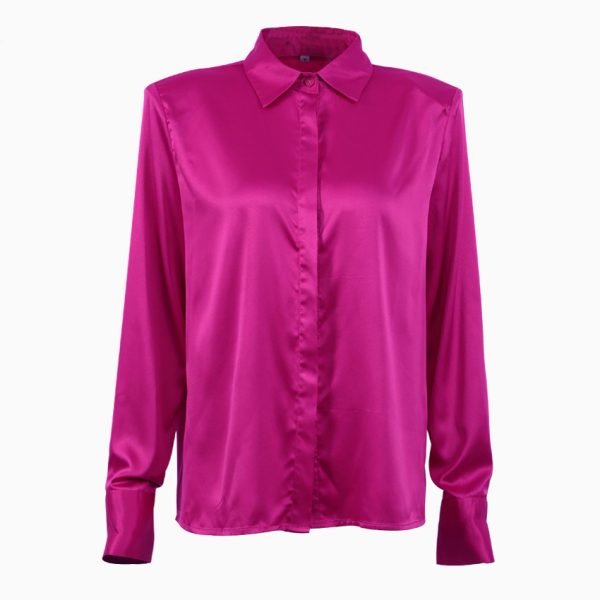 Autumn Winter Women Clothing Long Sleeve Collared Elegant Sexy Satin Right-Angle Shoulder Office Design Pink Shirt