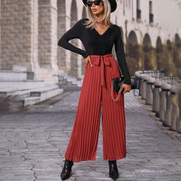 Goods Loose Long Sleeve Folding Casual Straight Leg Wide Leg V neck Jumpsuit for Women